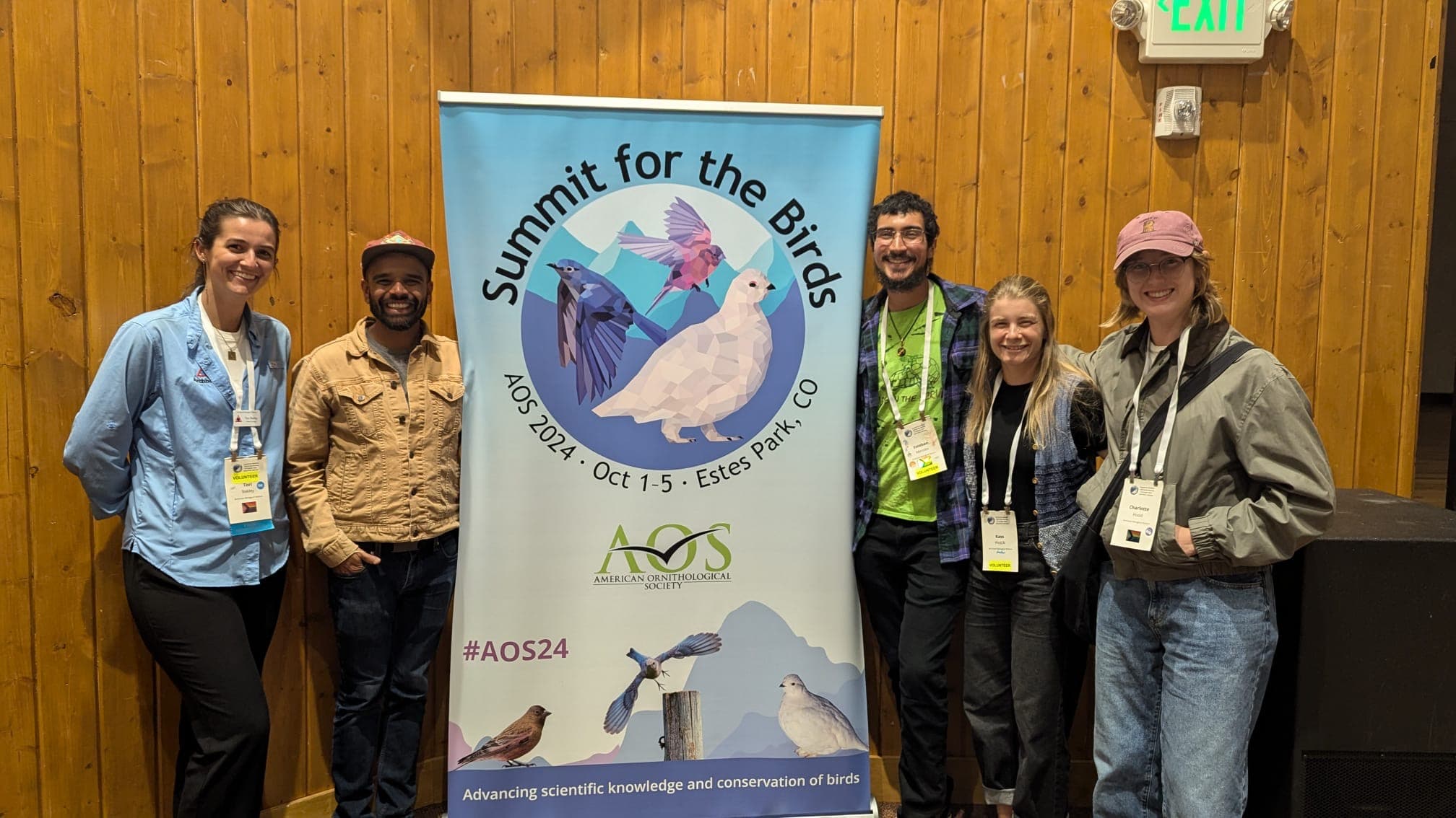  Tori Bakley, Dr. Sahas Barve, Esteban Mendez, Kass Wojcik, and Charlotte Hood, all members of Archbold’s Avian Ecology Program, at the American Ornithological Society’s 2024 meeting in Estes Park, Colorado. 